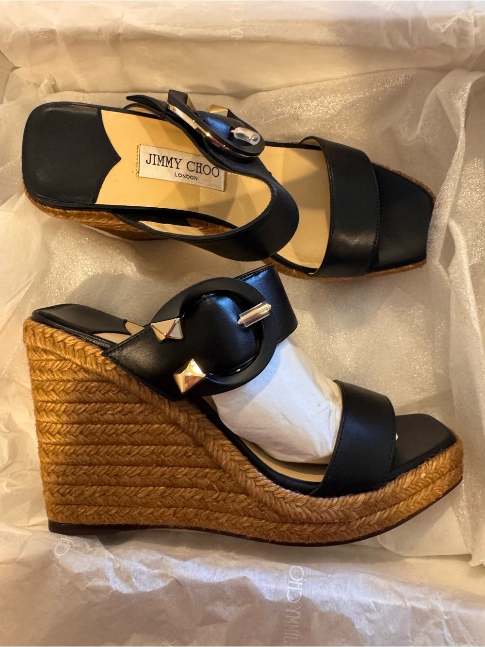 Jimmy Choo Black Leather Espadrille Wedge Sandals with Stud Accent